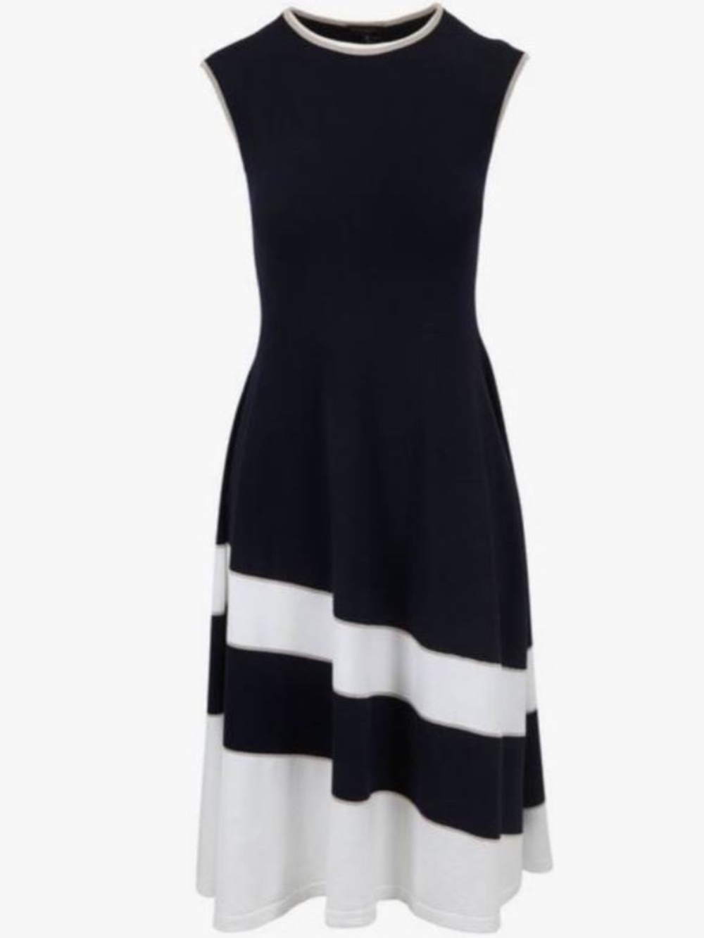 Authentic ESCADA Dariar Navy Cream Asymetric dress with Pale Gold Trim Large